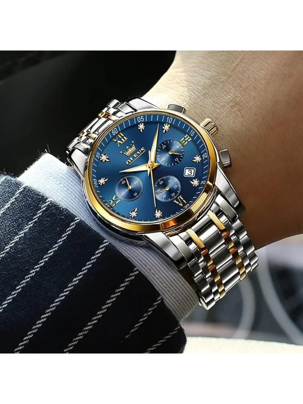 Olevs Men Silver Gold Multifunction Blue Face Waterproof Chronograph Wrist Watch